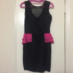 Sweetheart Mesh Black & Pink Ruffle BodyCon Dress